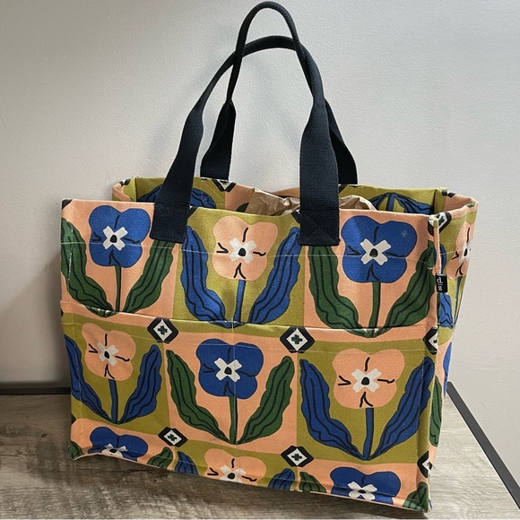 DANICA STUDIO Peach Blue Green TEPPI Block Print CANVAS Designer TOTE Beach BAG - Picture 1 of 5